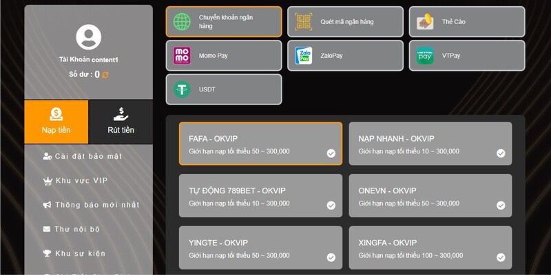 Giao diện nạp tiền tại 789bet trên điện thoại